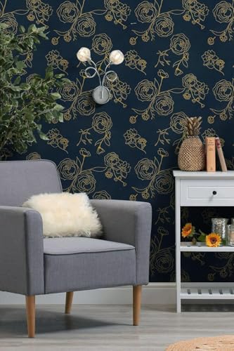 Image of Blue and Gold Rose Wallpaper - Self Adhesive Peel and Stick Floral Wall Stickers, Waterproof PVC Vinyl Decorative Paper for Home, Bedroom, Living Room & Furniture (45cm x 300cm)