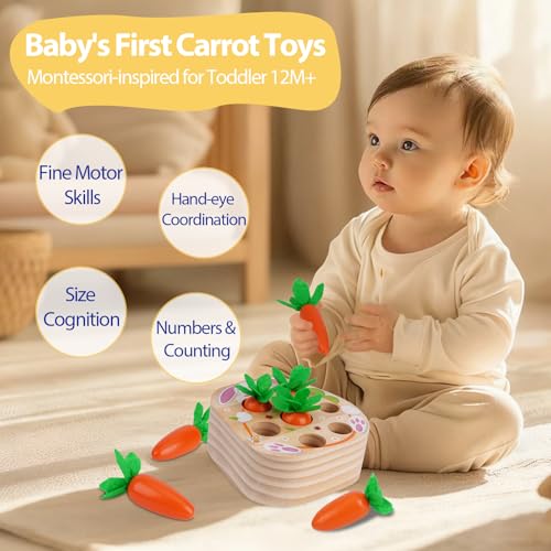 Image of KMTJT Montessori Toys for 2 3 Year Old Toddlers | Wooden Carrot Harvest Toy