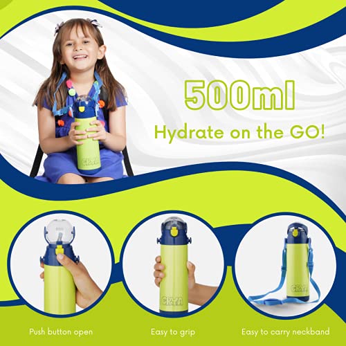 Image of CRYA Kidster Sipper 500ml Stainless Steel Water Bottle for Hot and Cold Beverages for Upto 24 Hours, BPA Free and Leakproof Thermosteel Double Walled Insulated Vacuum Thermos Flask (Neon Green)