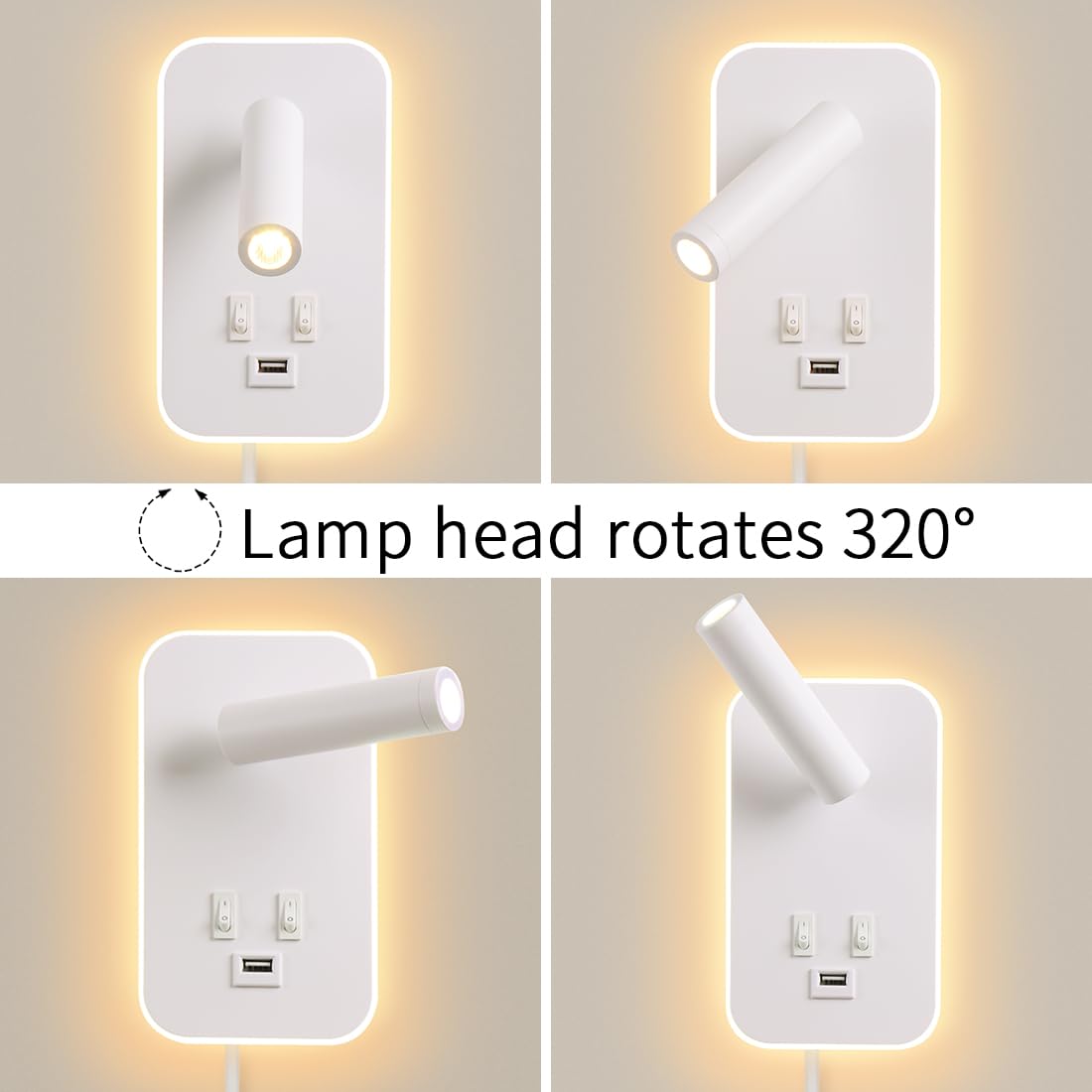 Applique murale LED,liseuse de chevet avec interrupteur,port de charge USB,éclairage d'ambiance réglable pour chambre à coucher (lumière naturelle 3W+lumière chaude 9W) Avec fiche câble,Blanc