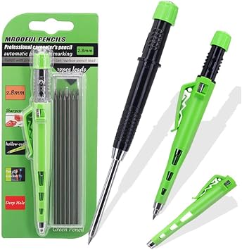 MROOFUL 2.8mm Carpenter Pencil Set with 12 Refills, Mechanical Deep Hole Marker with Built In Sharpener, Long Nose Woodworking Marking Pencil for Carpenter Builder Woodworker DIY Handyman Gift Tool