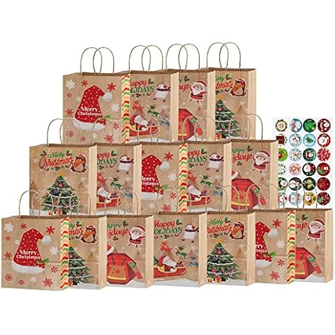 16pcs Christmas Gift Bags With 24Pcs Round Sticker ,Gift Bags Large With Handle For Christmas Party Supplies,Xmas Paper Party Bags for Gift, Apple,Sweets,Candy Size:27cm*21cm*11cm(Large Size) Cover