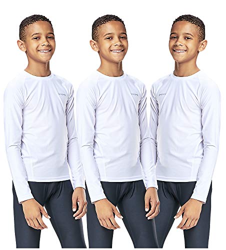 DEVOPS Youth Boys 3-Pack Compression Athletic Performance Baselayer Long Sleeve Shirts (Medium, White/White/White)