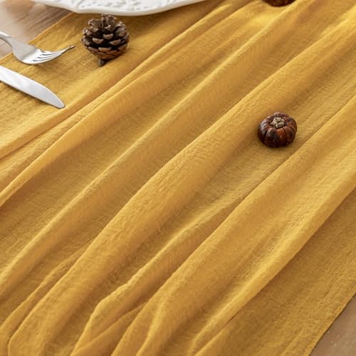 Image of Fall Golden Cheesecloth Table Runner 120 Inch Party Home Decorations | For Thanksgiving Friendsgiving Wedding Bridal Shower Baby Shower Engagement Party 10FT Rustic Boho Home Decor