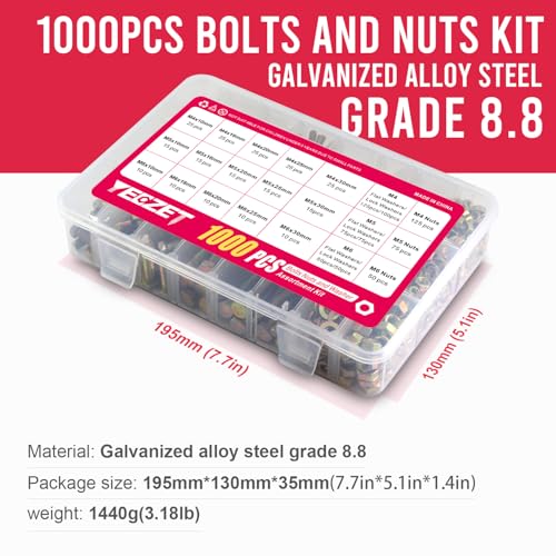 YEEZET 1000 PCS Schrauben und Muttern M4 M5 M6 Verzinkt 8.8 Sechskantschrauben, Unterlegscheiben, Federringe und Muttern Sortiment Kit, 15 Gebräuchlichste Größen, 10-40mm