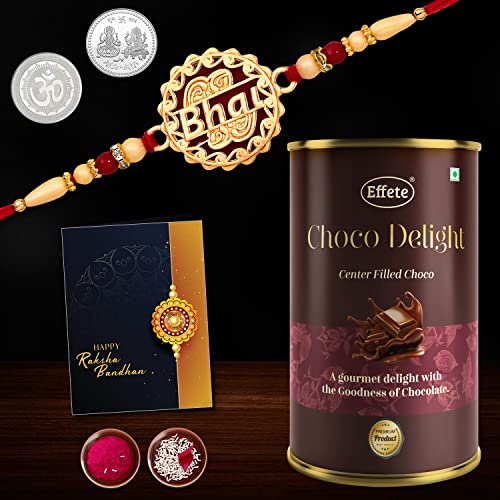 Image of DeoDap Multicolor Bhai Coded Delight 96gm Roli Rakhi with Chocolate, Silver Pooja Coin, Tilak Set, Greeting Card - Rakhi Gift for Brother