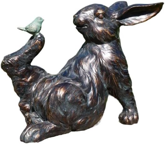 Rabbit & Bird Resin Indoor Outdoor Garden Ornament Bronze Effect Decoration For Home Patio Decking Statue Farmhouse Style, DI07488