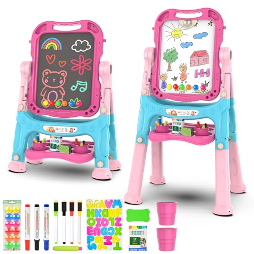 Amagoing Easel for Kids, Adjustable Standing Art Easel for Toddler, Double Chalk Drawing Board with Painting Accessories, Birthday Christmas Gift for Girls 3 4 5 Years Old