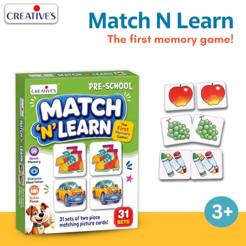 Image of Creative's Match N Learn Matching Game for Kids Age 3+ | Memory & Observation Card Game | Preschool Educational Learning Toy | 62 Picture Matching Cards