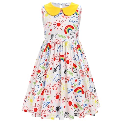 ODOLDI Kids Girls Back to School Dress Peter Pan Collar Ruffle Dress Casual Sundress for School Party 3-7 Years