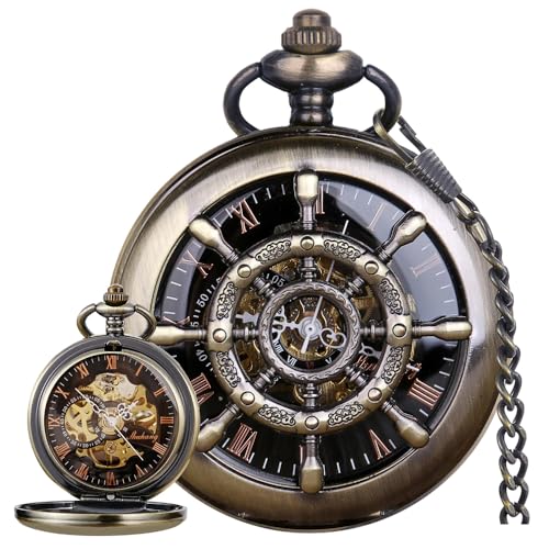 Image of Men's Mechanical Hollow Design Hand Wind Pocket Watch Roman Numerals Steampunk with Chain Box