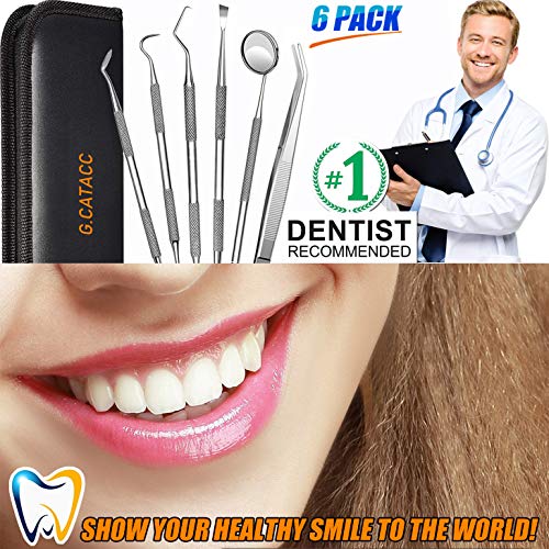 Dental Tools, 6 Pack Teeth Cleaning Tools Stainless Steel Dental Scraper Tooth Pick Hygiene Set with Mouth Mirror, Tweezer Kit for Dentis   t, Family Oral Care, Dogs - with Leather Case