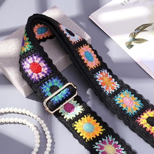 Image of Wide Purse straps Crochet Flower replacement crossbody for Handbag Adjustable Embroidery Knit Guitar Shoulder strap