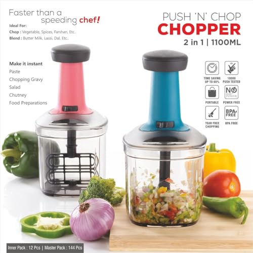 Image of 2 Pcs Vegetable Chopper for Kitchen Use | 1100 ml Square Push Chopper Manual with 5 Blades | Chopping Vegetables & Fruits, Onion, Ginger, Garlic, Salad, Tomato, Potato
