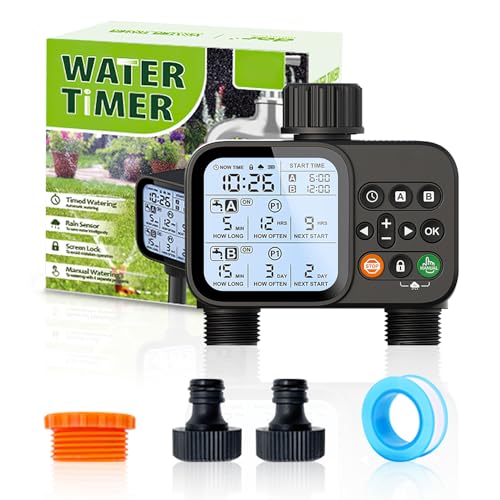 Mucek Watering Timer with 2 Independent Outputs, 8 Separate Programs, Manual & Automatic Mode, Programmable Tap Timer for Garden Mucek Watering Timer with 2 Independent Outputs, 8 Separate Programs, Manual & Automatic Mode, Programmable Tap Timer for Garden