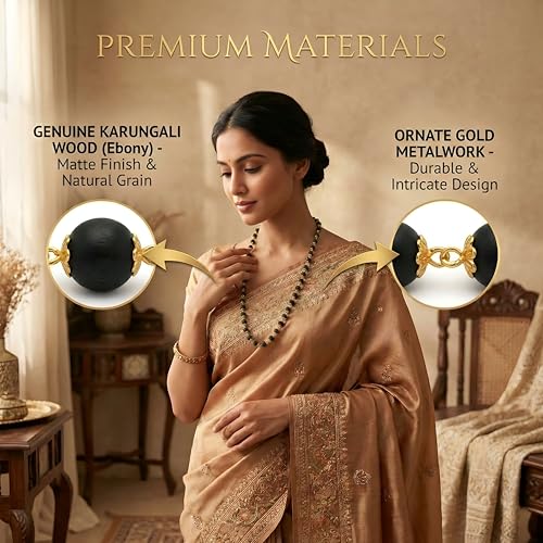 Image of Gratify Original Karungali Mala 54 Beads (7mm) for Men & Women | Authentic Black Ebony Wood Mala with Gold Plated Metal Caps | Spiritual Necklace for Meditation, Prayer, Energy Balance & Positive Vibes