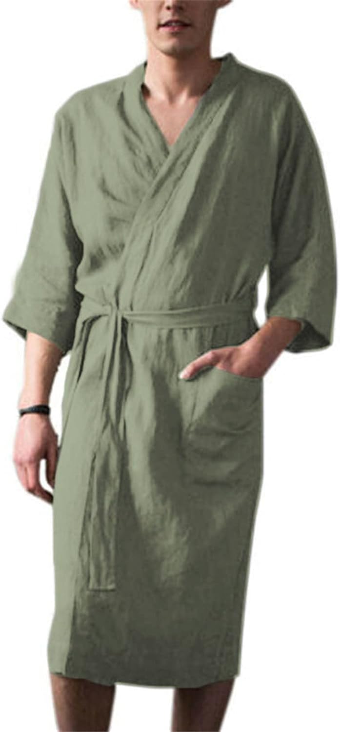 Soluo Men's Loose Kimono Robe Linen Woven Bathrobe Casual Clothing Pajamas V Neck Long Gown Nightgown Loungewear