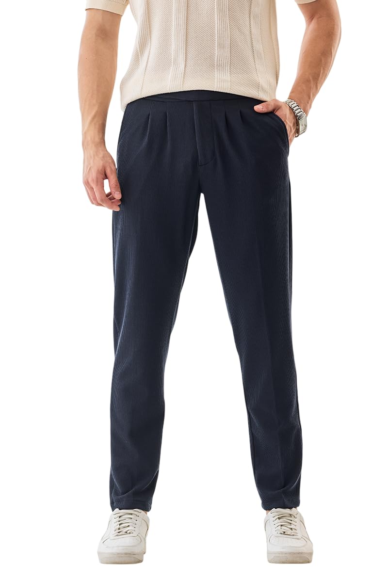 snitch Men Trousers | Slim Fit Ribbed Textured Design with Pleated Front | Polyester Blend with Medium Stretch for Casual & Workwear | Machine Washable-picture-35