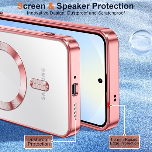Image of VONZEE Clear Logo Electroplating Transparent Case for Samsung S25 FE 5G, Magnetic Plating [Support for MagSafe Charger] Electroplate TPU Cover, Individual Camera Protection for Each Lens - Rose Gold