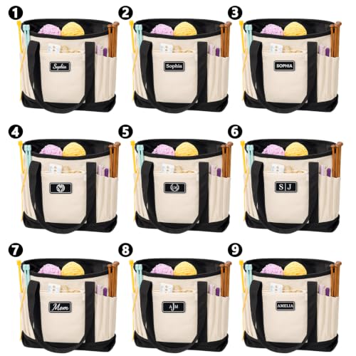 Image of Personalized Crochet Bag with Custom Leather Patch or Embroidered Name, Canvas Knitting Tote for Yarn Storage, Crochet Organizer with Multiple Pockets, Custom Gift for Crocheters & Knitters