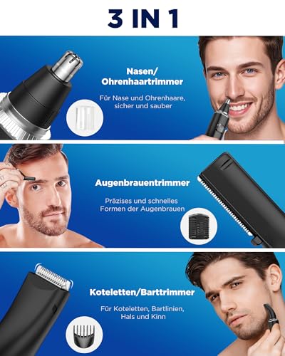 Nasenhaartrimmer Herren, 3 In 1 Nasenhaarschneider mit LED Akku Anzeige,USB-C Nasentrimmer Ohrhaartrimmer Augenbrauenrasierer,für Männer & Frauen,Gesichtshaarentferner Doppelklingen Schmerzfreier IPX7 2