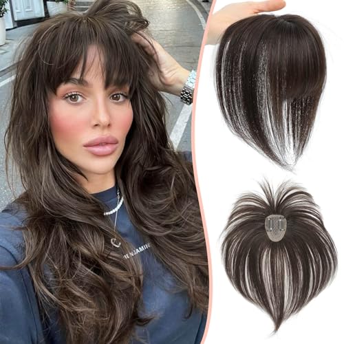 MARJORIE Clip in Bangs,360°Cover Bangs Hair 100% Real Human Hair Fake Hairpieces Clip on Bangs for Women Brown Black Fringe with Temples Wispy Bangs for Daily Party