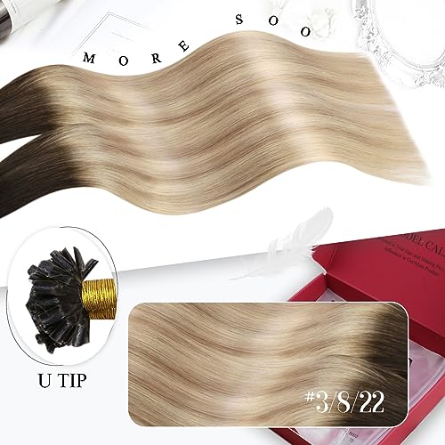 Moresoo U Tip Hair Extensions Real Human Hair Balayage Pre Bonded Human Hair Extensions Brown Root Ombre to Light Brown with Medium Blonde Fusion Hair Extensions 14 Inch 40g,50s/Pack #3/8/22 - Image 2