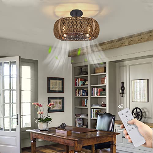 SADENICEL Farmhouse Caged Fan with Lights Remote Control, 17 Inch Low Profile Bedroom Fans, Rustic Ceiling Fans for Kitchen, Dining Room (Antique Wood-EB) - Image 6