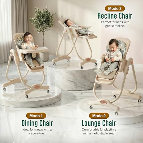 Image of Baybee 3-in-1 Baby High Chair with 4-Level Height Adjustment, Dining, Lounge & Recline Modes, 120-160 Backrest, Adjustable Footrest, One-Click Folding, Detachable Food & Toy Tray, 5-Point Harness & 360 Castor Wheels | Feeding Chair for 6 Months to 5 Years (Beige)