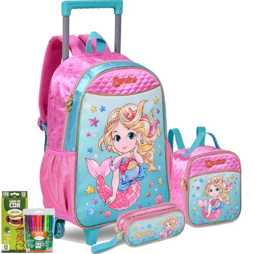Kit Mochila de Rodinhas Princesa Sereia Rosa Infantil Escolar com Lancheira Térmica e Estojo Duplo