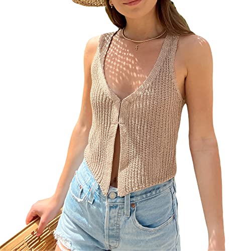 Women Crochet Knit Vest Top Sleeveless Button Down V Neck Casual Solid Vintage Summer Going Out Crop Tops Streetwear2
