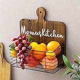 MyGift Mama's Kitchen Cutting Board Style Produce and Fruits Storage Basket with Rustic Dark Brown Wood and Black Metal Wire, Canned Food, Spice Jars, Multipurpose Organizer Wall Rack