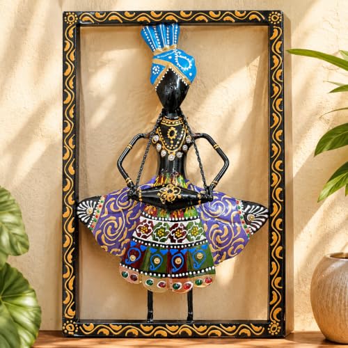 Image of iHandikart Metal Wall Art for Home Decor | Rajasthani Folk Musician Wall Sculpture with Stone Work | Hand-Painted Iron Wall Hanging for Living Room, Bedroom, Hallway, Office | 11.5 x 8 Inch