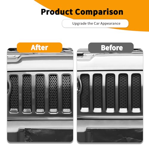 Image of Hoolcar Front Grill Insert Cover Trim Kit Compatible with Jeep Wrangler JL JLU 2018-2024 2025 Front Honeycomb Grille Cover Guard Exterior Accessories, Matte Black, 7 PCs