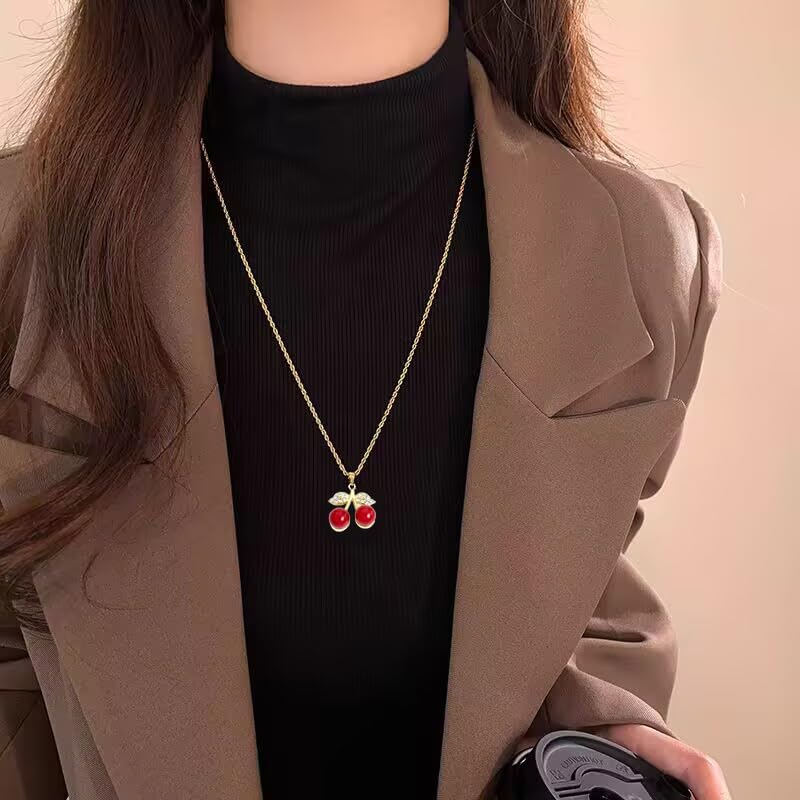 ONLYJUMP 3D Rhinestone Cherry Earrings Necklace Set for Women Funny Charm Red Cherry Earring Sweet Fruit Necklace Earring Summer Tropical Fruit Green Leaf Charm Jewelry - Image 2