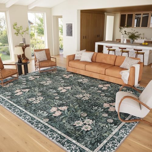 Image of Washable 9x12 Area Rug - Light Green Vintage Floral with Ornate Border, Soft Low Pile Carpet for Living Room, Dining Room Under Table, Bedroom Non-Slip, Stain Resistant & Durable