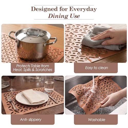 Image of Heart Home 4 Pcs Set Leather Rectangular Side Table Mats | Reusable and Washable Placemat /Dining Table Mat for Wedding and Family Functions | Copper