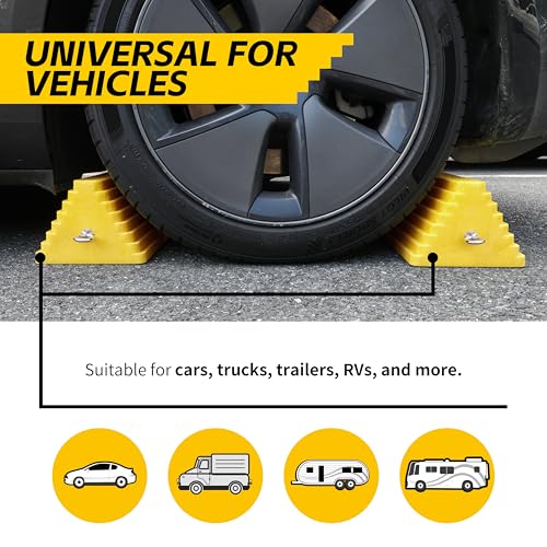 Image of MaxxHaul 51169 Polyfoam Wheel Chocks with Steel Eyebolt - 2-Pack - 10″ x 8″ x 6″ Heavy-Duty Structural Foam - Bright Yellow - Vehicle & Trailer Safety for Cars, Trucks, RVs, Boats, ATVs