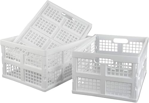 Asking Paquete de 3 cajas plegables apilables de plástico de 30 L, caja de almacenamiento plegable, color blanco