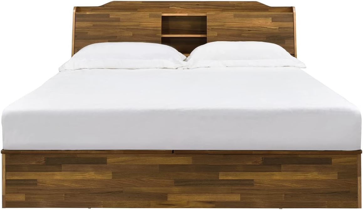 Modern Queen Bed Hall Tree Ottoman Wall Mirror Wall Clock Timer Decor Accent Table for Home Bedroom (Rustic Walnut Hall Tree) (Walnut Queen Bed)