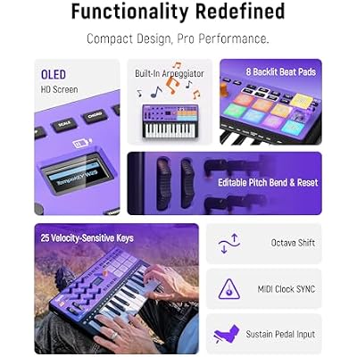Synido Midi Pad Controller, Portable Beat Maker Machine with Drum Pads and USB C MIDI Controller Keyboard 25 Keys Wireless MIDI Rechargeable with 8 Velocity RGB Pads