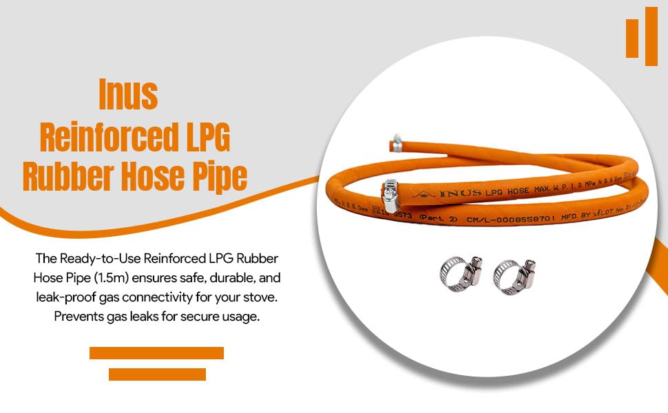 Image of INUS Ready to Use Reinforced LPG Rubber Hose PipeLeak Proof, Made with Reinforced Steel Wire Flame Resistant Design Perfect for Gas Stove with Durable Clamp 1.5m
