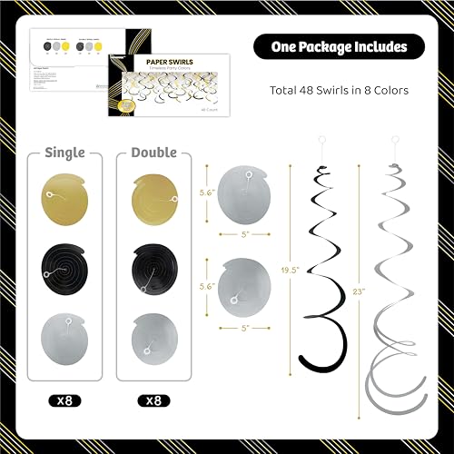 Image of HonuGoGo 48-Piece Paper Swirl Party Decorations for Ceiling, Black Gold Silver Satin-Look Single & Double Hanging Spirals, for Graduation, Birthday, Wedding, New Year, Bachelorette, Corporate Events