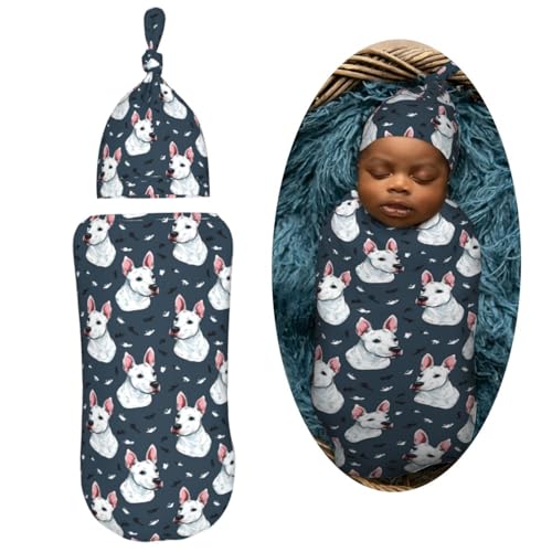 Image of Bull Terrier Dog Newborn Swaddle Blankets Hat Sets Soft Baby Receiving Blanket Swaddle Sack for Baby Shower Infant Boy Girl Gift