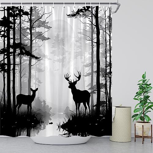 Zwsmzw 7663AH-YL180X180 Deer Shower Curtain Foggy Forest Wildlife Hunting Moon Mountain Rustic Lodge Country Farmhouse Pine Tree Outdoor Gray Bathroom Decor Fabric Curtains thumb #2