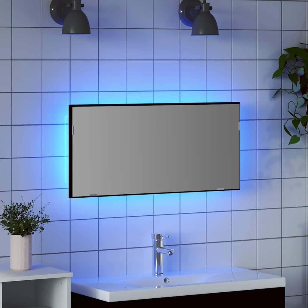 Lustro z listwami świetlnymi LED, kolor czarny, imitacja dębu, 80 x 37 cm, lustro ścienne z drewnianą ramą, płaskie lustro do łazienki, umywalki, toalety dla gości, nowoczesne wzornictwo