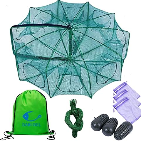 DAMIDEL 32in x 10in Folded Fishing Bait Trap, 10 Holes 10 Sides Foldable Fishing Nets for Fish/Crab/Shrimp/Crawdad, Upgrade Large Space,Bait Bag/Bait Box/Rope/Storage Bag Cover