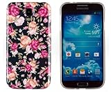 Black Floral Flexible TPU Case with Clear Sides for Samsung Galaxy S4 i9500 + DandyCase Keychain Screen Cleaner [Retail Packaging by DandyCase]