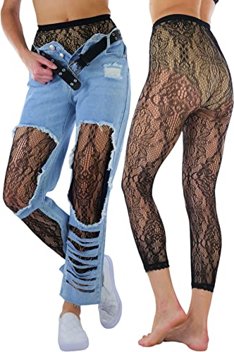 Image of ToBeInStyle Women's Single Floral Lace Fishnet Tights Footless & Stirrup Design
