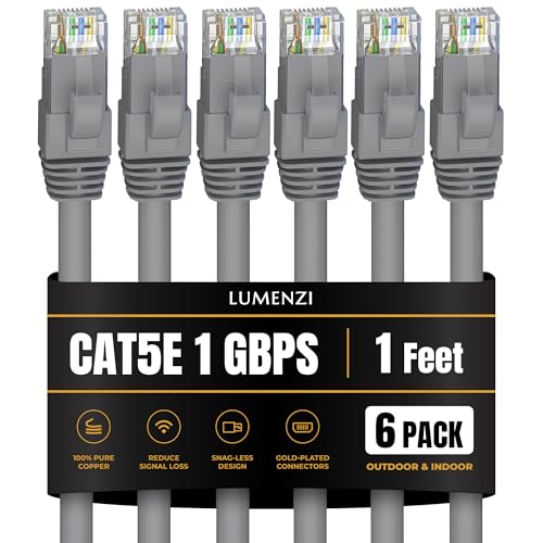Cat 5e Ethernet Cable 1 FT in Grey 6 Pack 1 Gbps Speed Network Short Round Rj45 Outdoor Indoor Direct Burial Bare Copper LAN Patch Cable for Router Gaming PS5 XBOX Printer Computer CCTV Switch